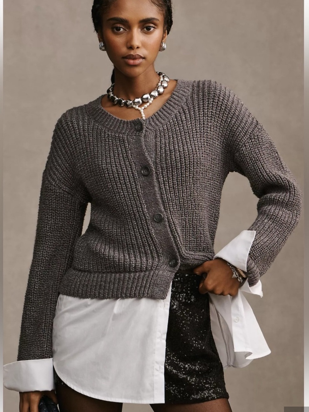 By Anthropolgie Charcoal Knit Button-Front Cardigan Sweater